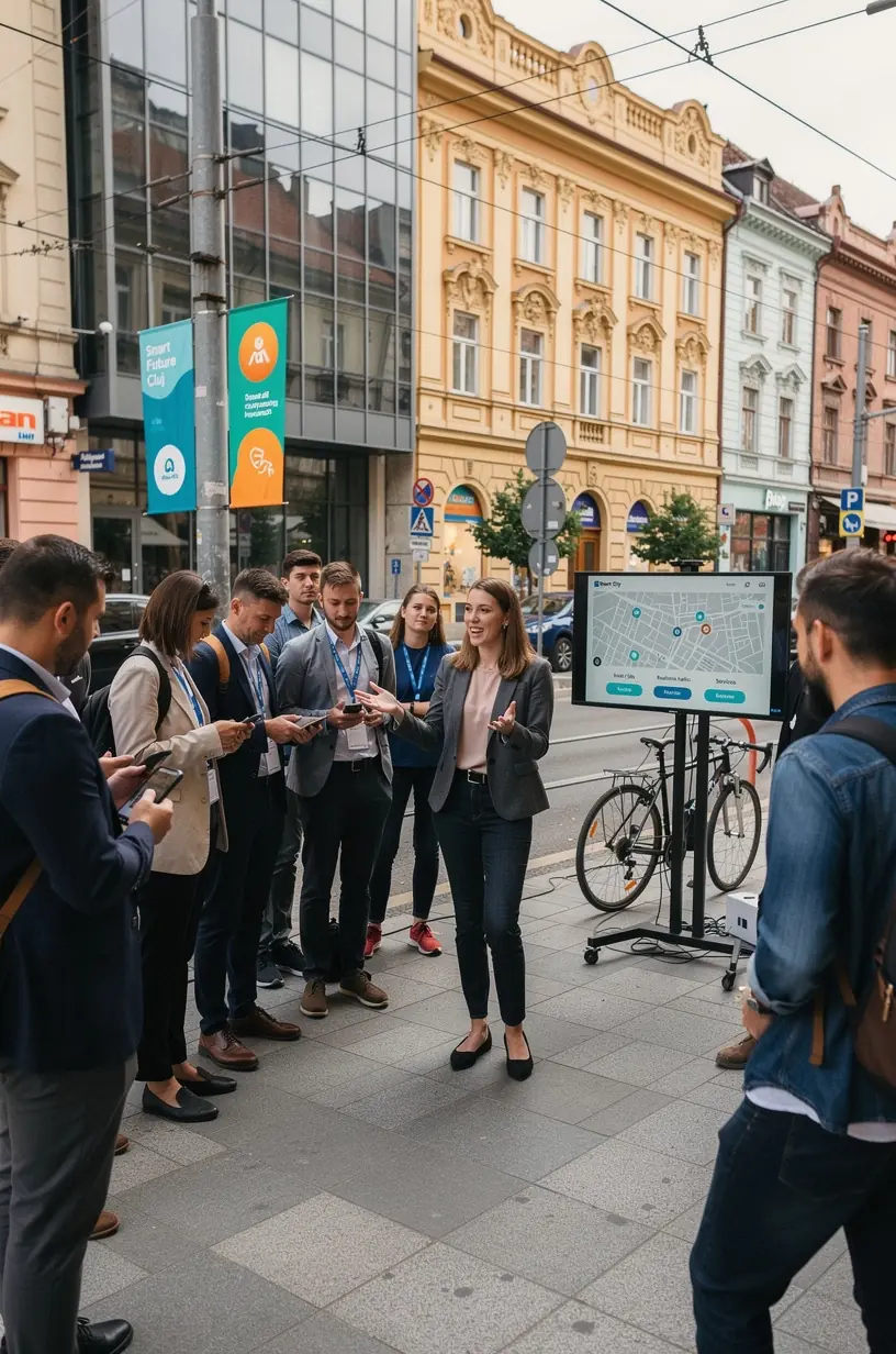 Imagine de ansamblu a unui oraș modern cu infrastructură digitală avansată în prim-plan