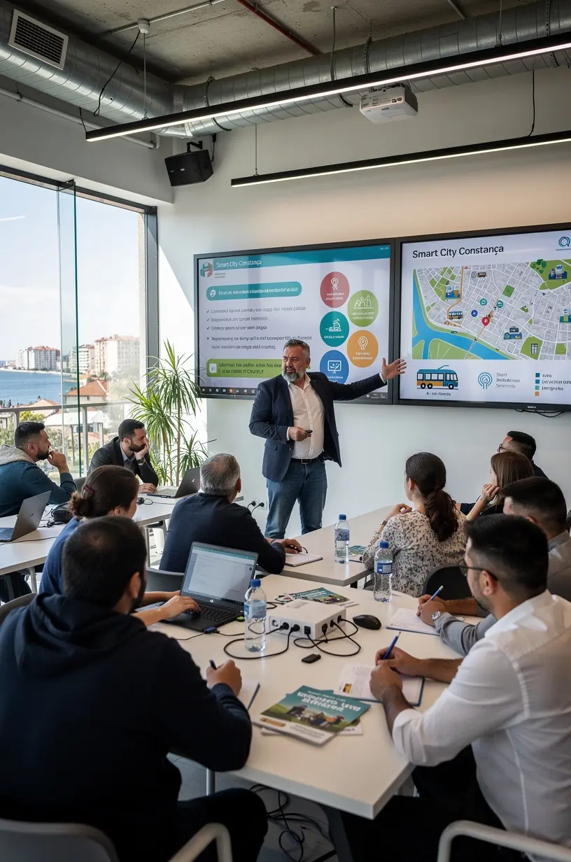 Echipă de experți colaborând pentru implementarea unui proiect de digitalizare în comunitate